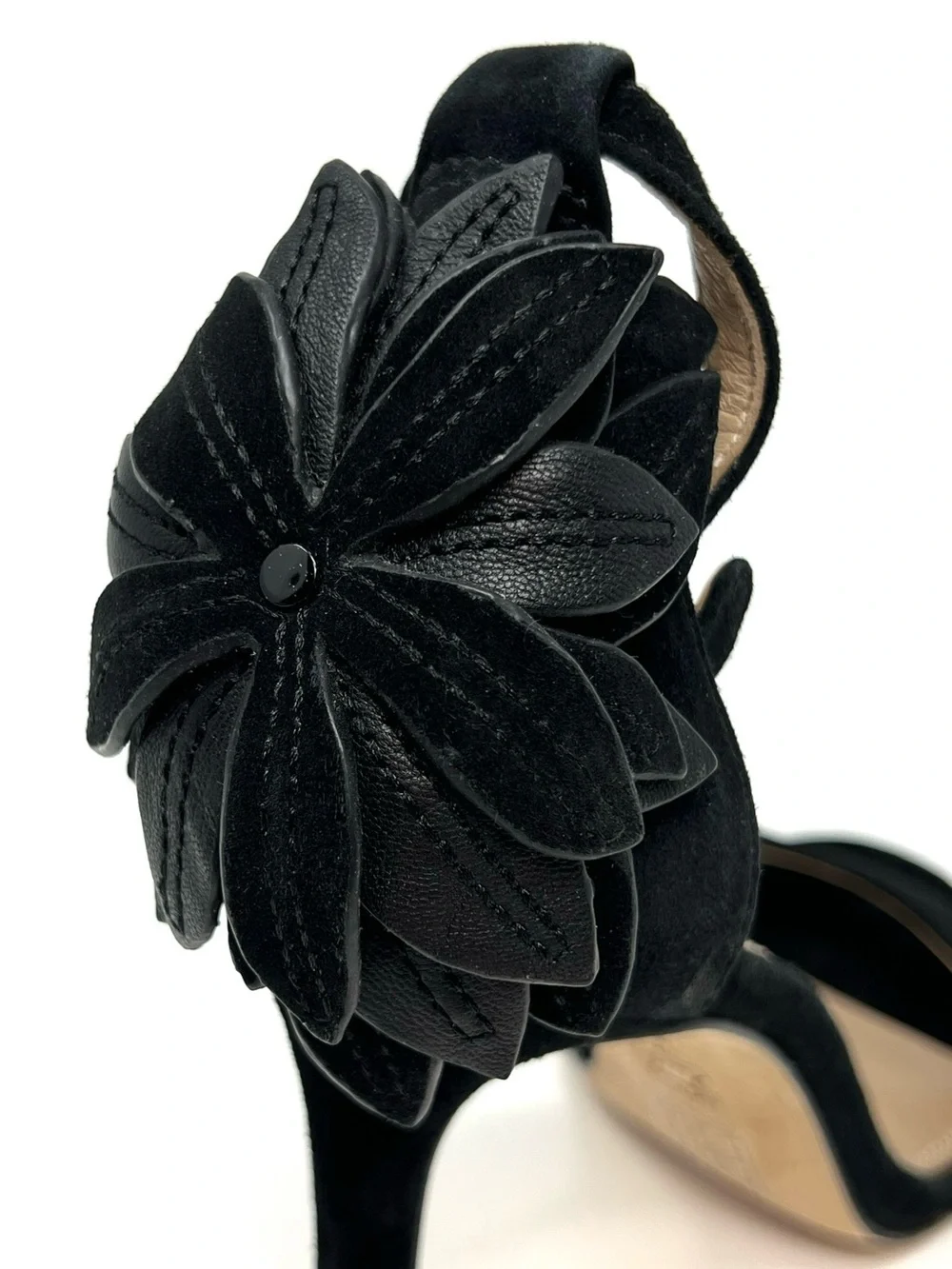 Tory Burch Jules Appliqué Floral Stilettos Size 9 Black Suede Sandals Heels EUC
